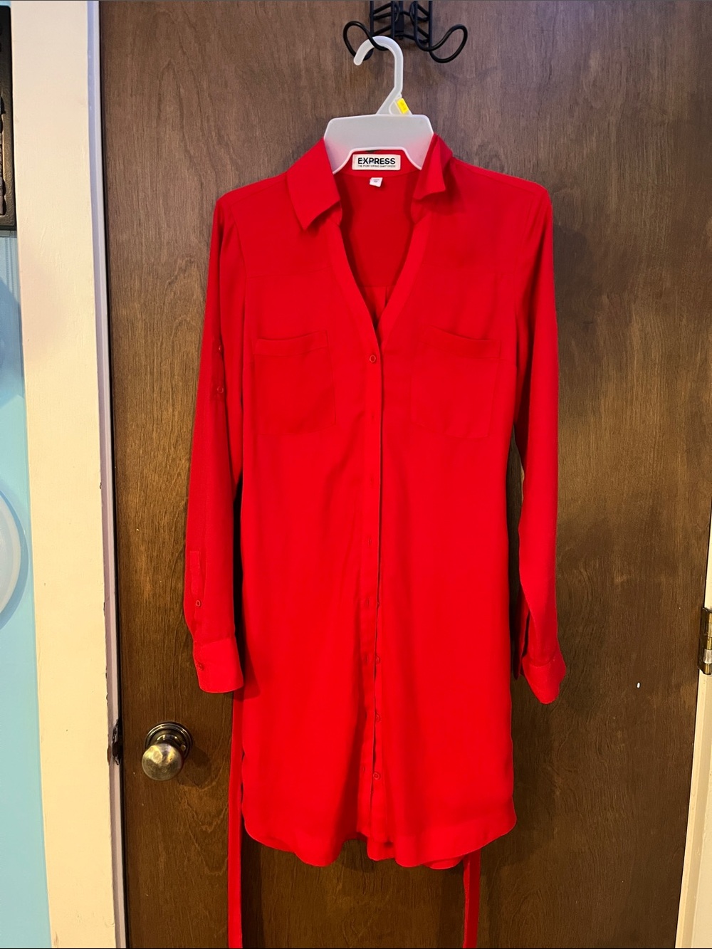 Express Red Long Sleeve Shirt Dress